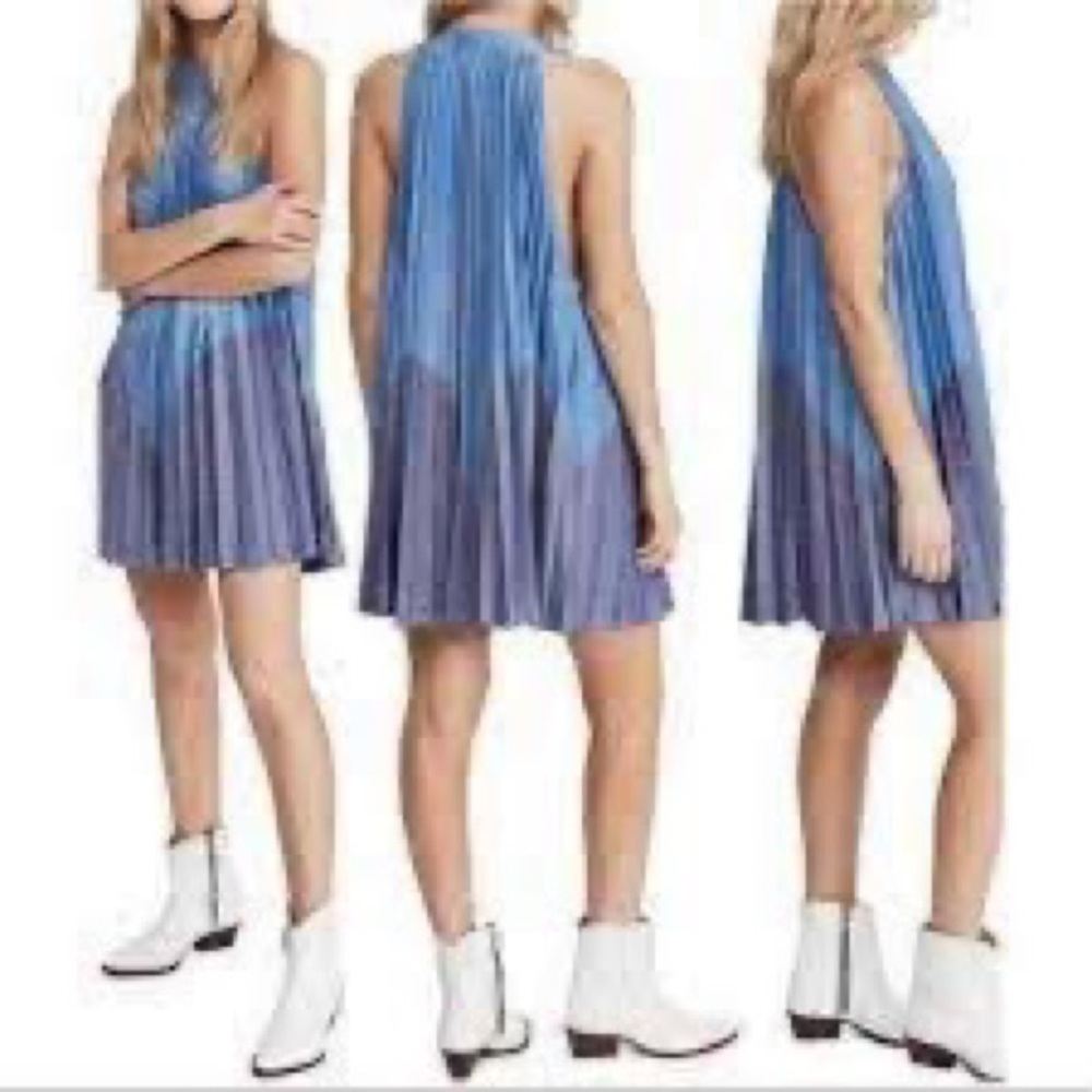 Free People Women's Pleated Love Metallic Mini Dress, Blue, Small Short Dress